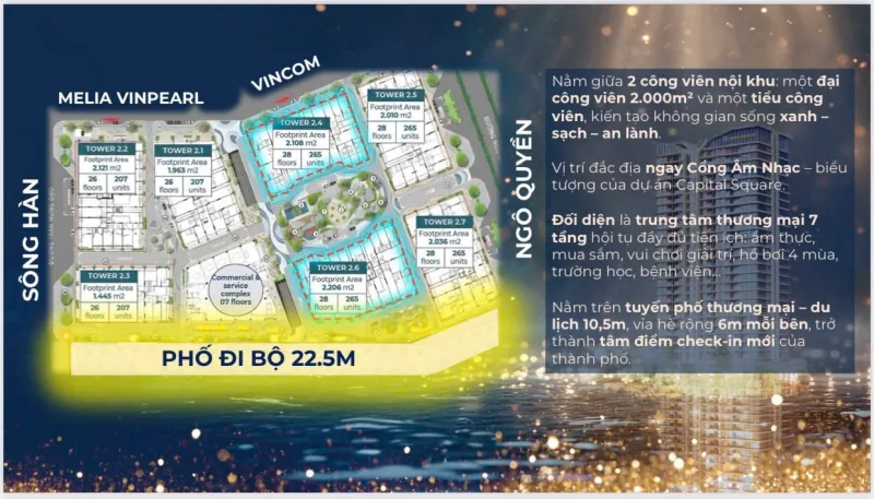 Sơ đồ vị trí các toà, phố đi bộ rộng 22,5 m dọc đường Ngô Quyền, cạnh Melia Vinpearl và Vincom