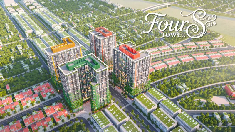 Phối cảnh nhìn từ trên cao: bốn toà Fours Tower giữa khu đô thị xanh và dãy nhà phố