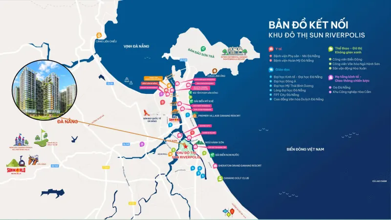 Bản đồ kết nối khu đô thị Sun Riverpolis với biển, sân bay và trung tâm Đà Nẵng