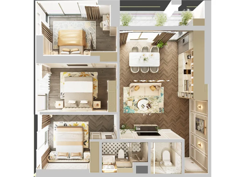 Mặt bằng 3D căn hộ mẫu 3 phòng ngủ