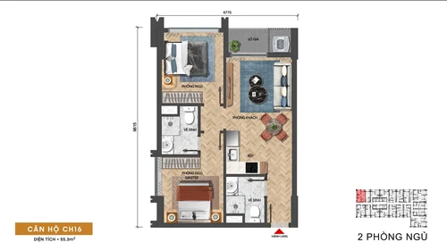 Mặt bằng căn 2 phòng ngủ Sun Solar Residence