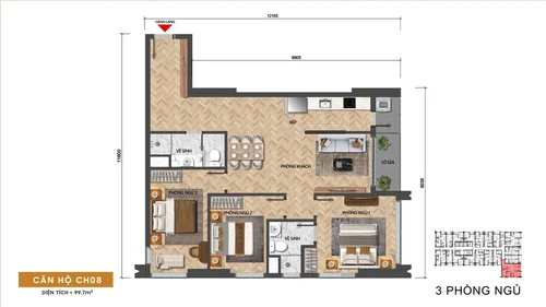 Mặt bằng căn 3 phòng ngủ VIP Sun Solar Residence